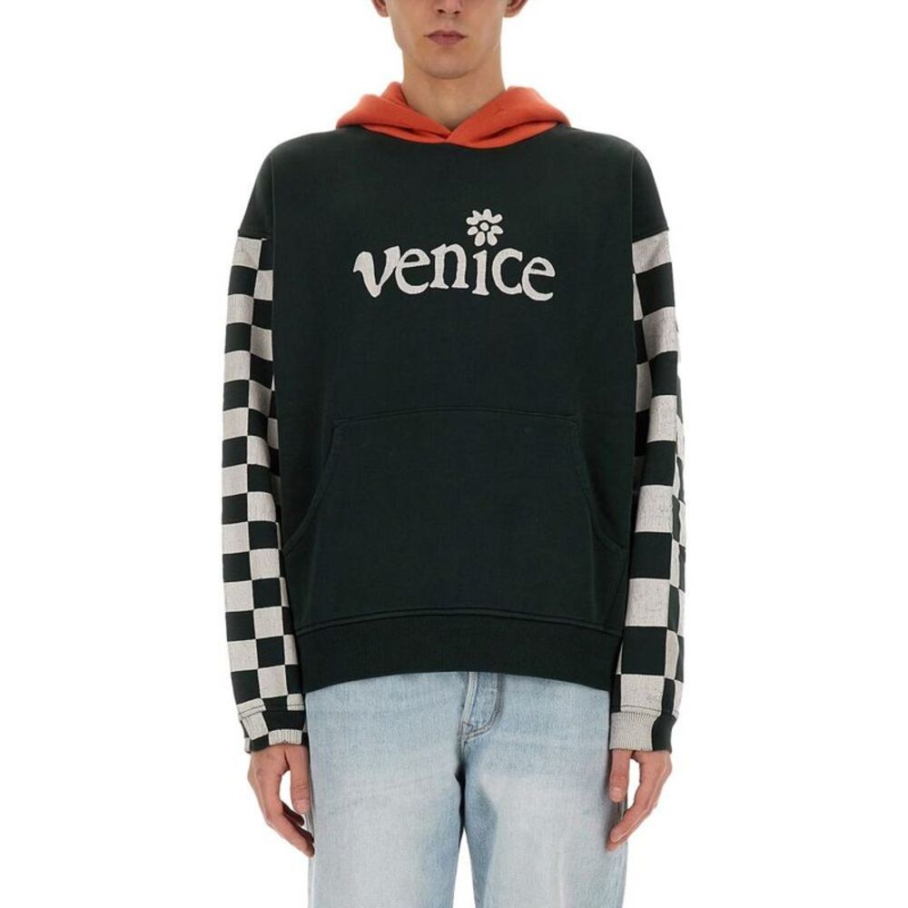 ERL Printed Cotton Hoodie with Checkerboard Sleeves Men BLACK Sweaters &